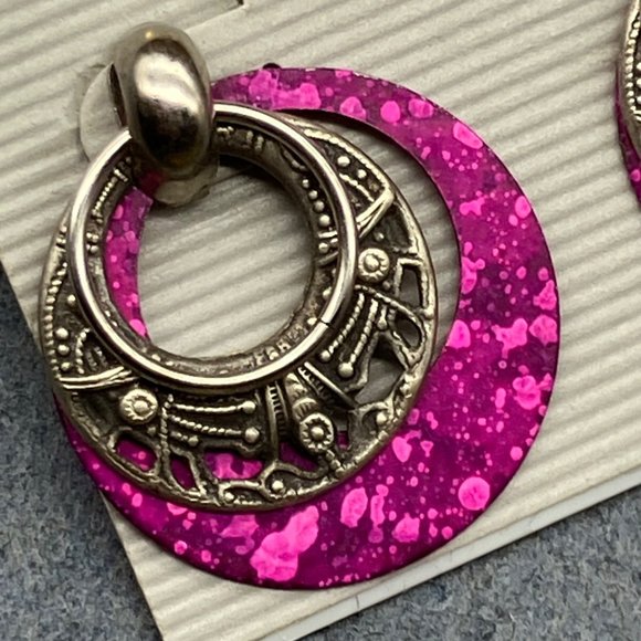 Primitives Vintage Pierced Earrings Knocker Silver Ring Purple Splatter Hoop - Picture 4 of 7